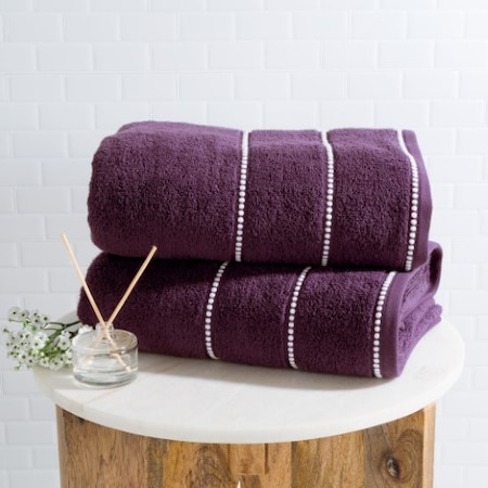 2-piece Luxury Cotton Towel Set, Bath Sheet Made From 100% Zero Twist Cotton, (Eggplant/White)